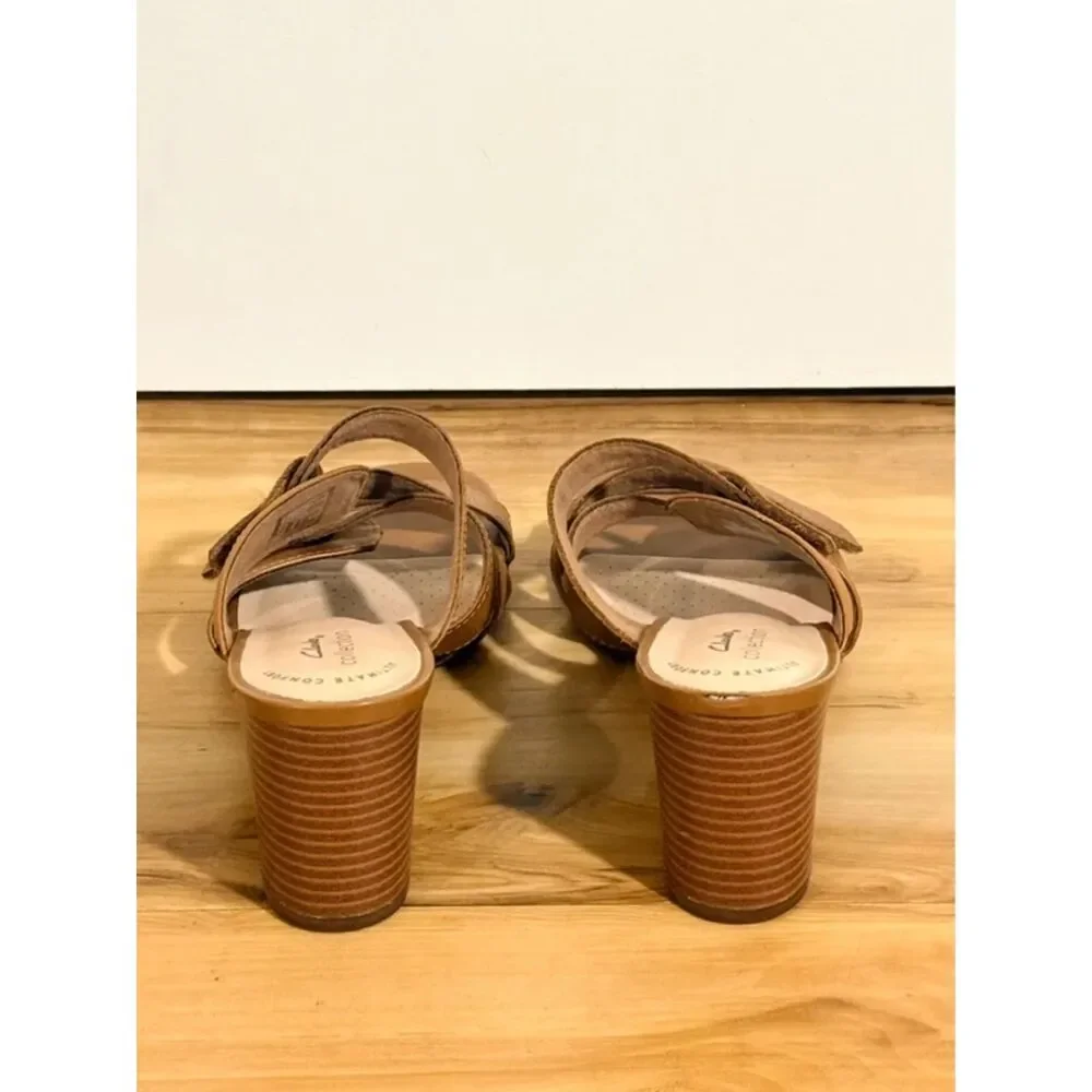 Clarks Collection Tan Strappy Block Heel Sandals Size 7.5